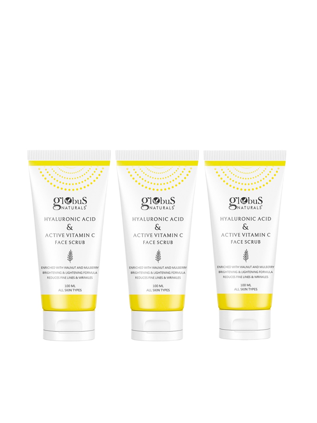 

Globus naturals Set of 3 Hyaluronic Acid & Vitamin C Anti Ageing Face Scrub- 100gm Each, White