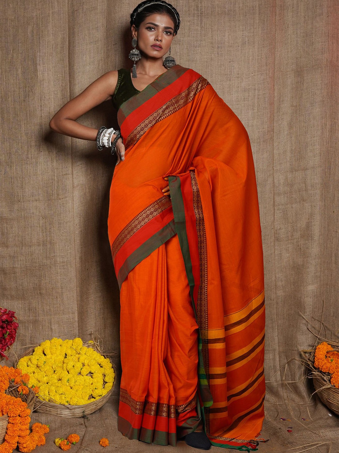

Unnati Silks Solid Zari Pure Cotton Handloom Narayan Peth Saree, Orange