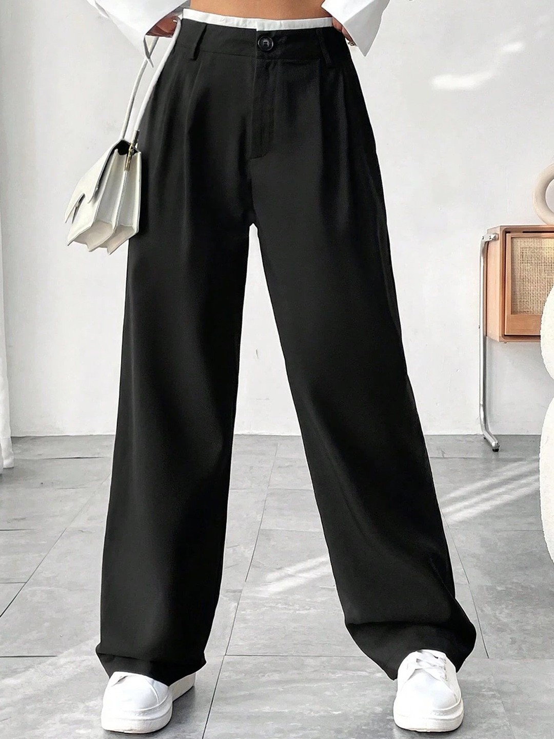 

FNOCKS Women Classic High-Rise Wrinkle Free Parallel Trousers, Black