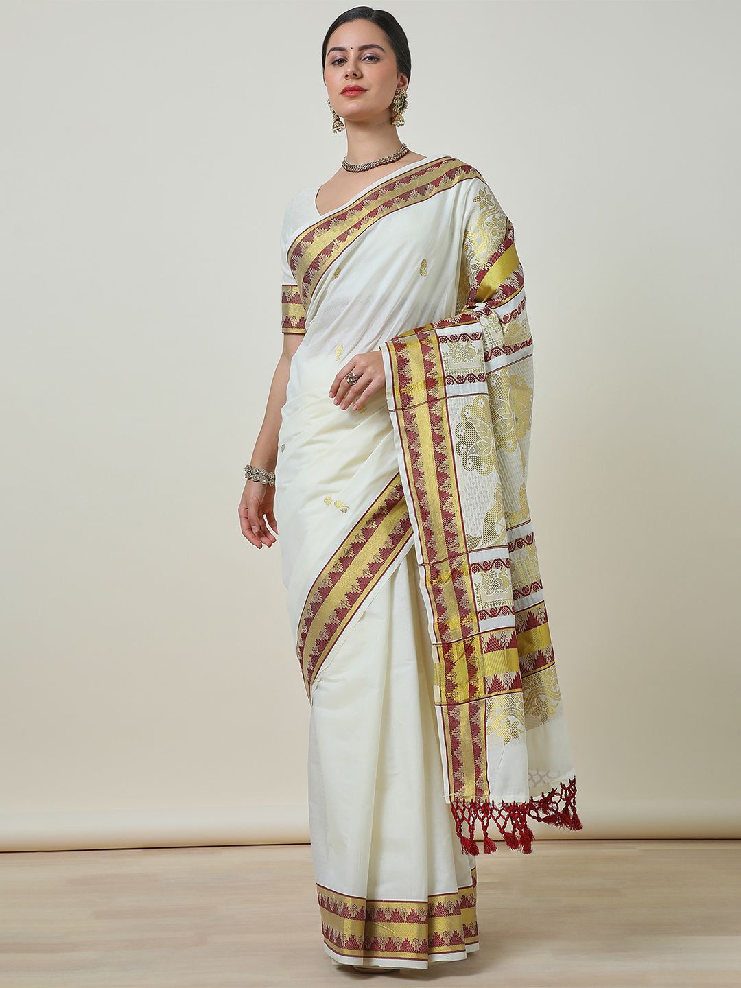 

Soch Woven Design Zari Cotton Blend Kasavu Saree, Cream