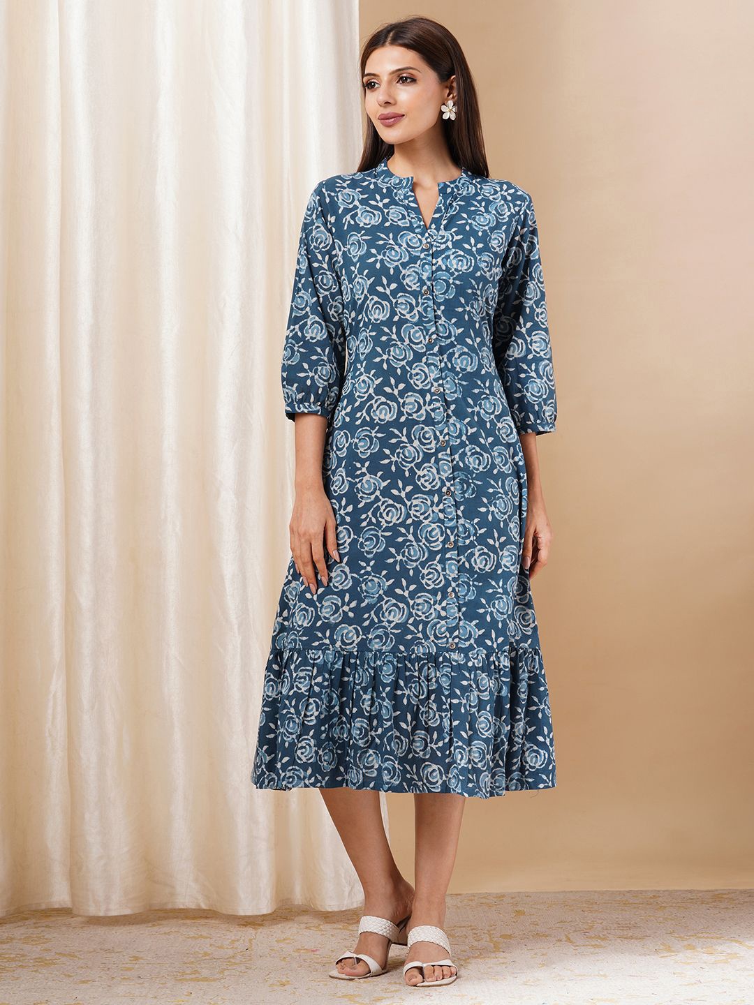 

KAMI KUBI Floral Printed Pure Cotton A-Line Midi Dress, Blue