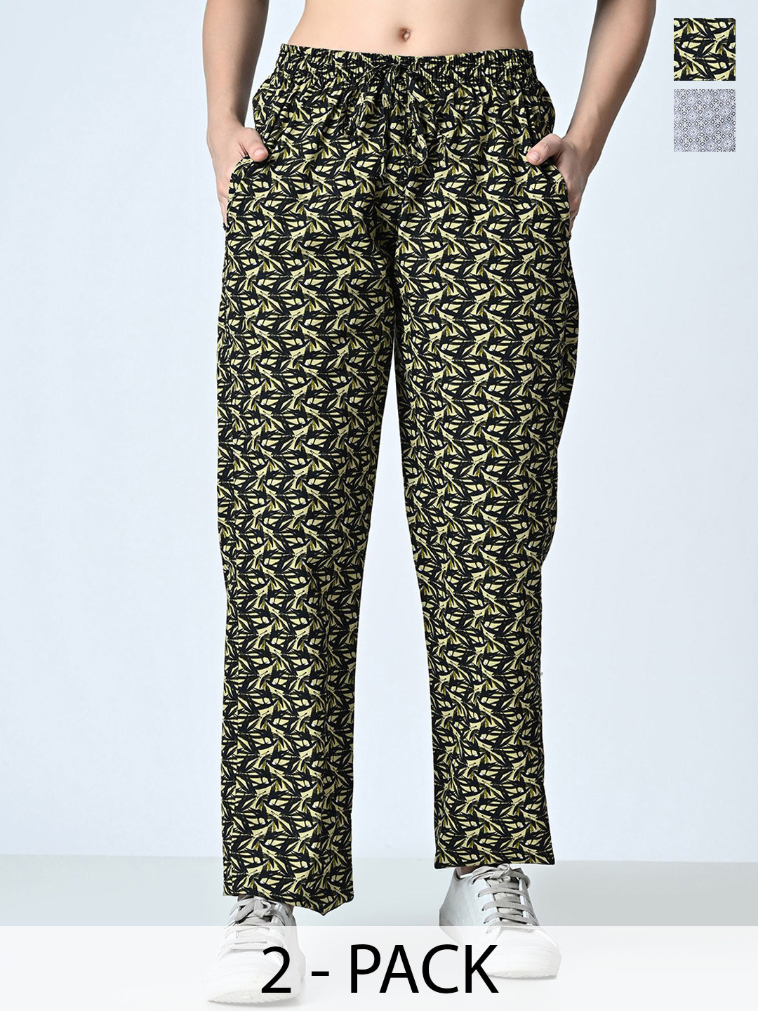 

BAESD Women Pack Of 2 Printed Pure Cotton Trousers, Black