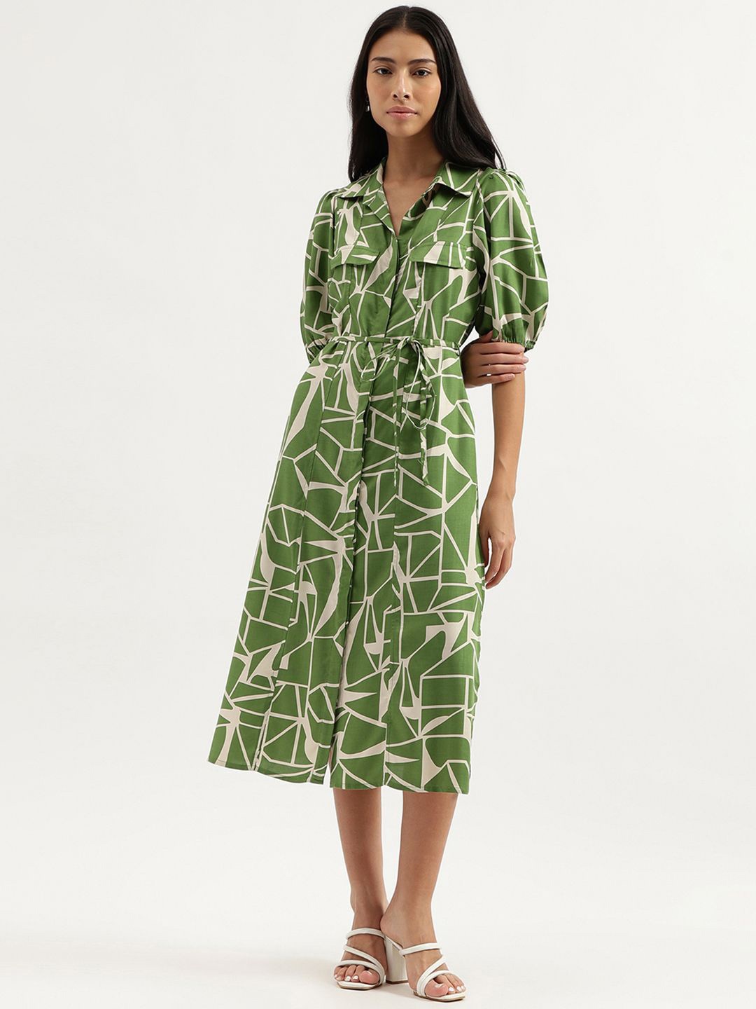 

United Colors of Benetton Printed Puff Sleeve Shirt Midi Dress, Green