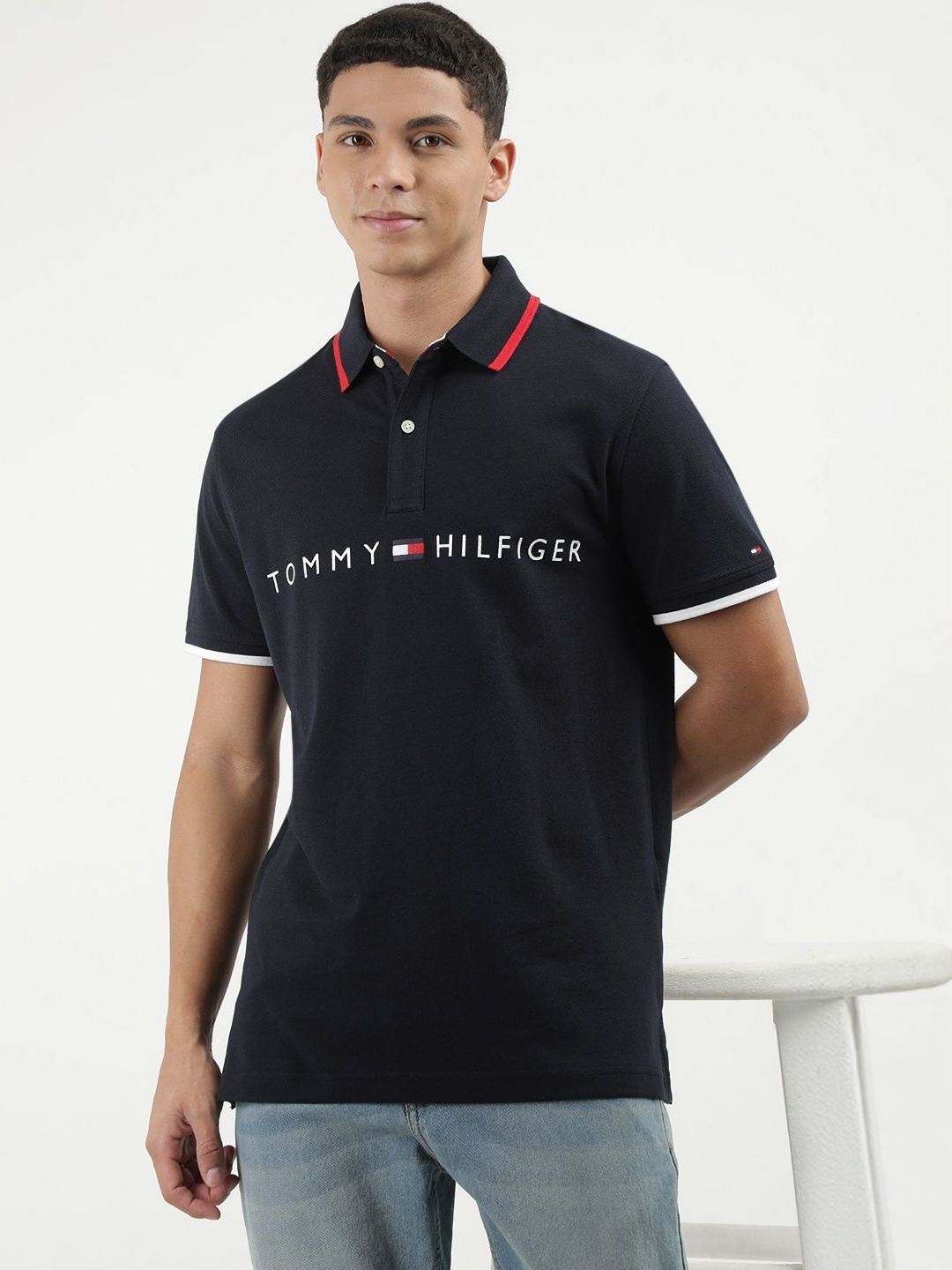 

Tommy Hilfiger Men Solid Polo Collar Cotton Tshirt, Navy blue
