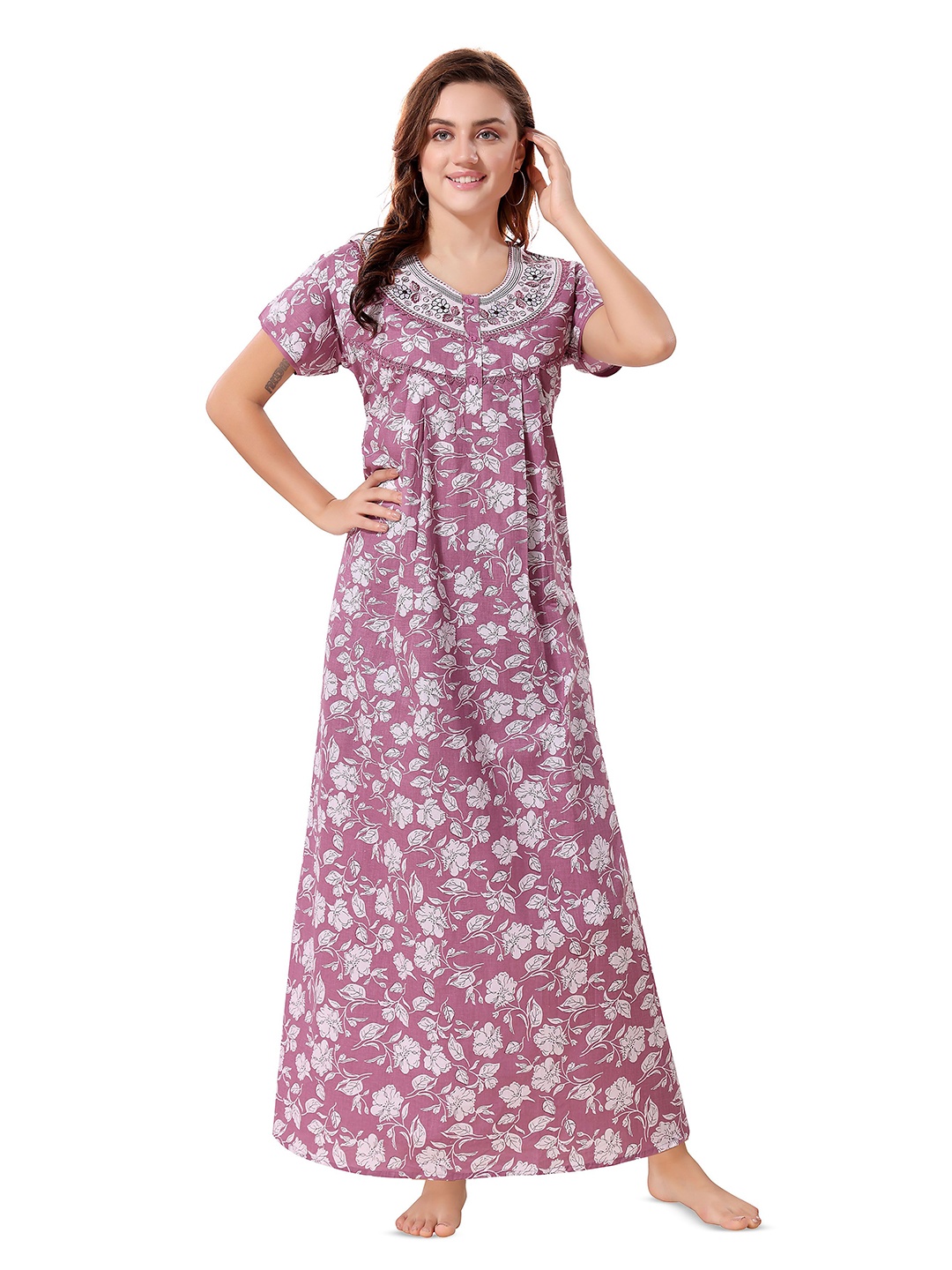 

Soulemo Women Printed Pure Cotton Maxi Nightdress, Pink