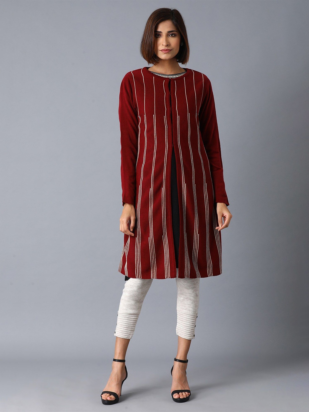 

W Women Striped Longline Cardigan, Red