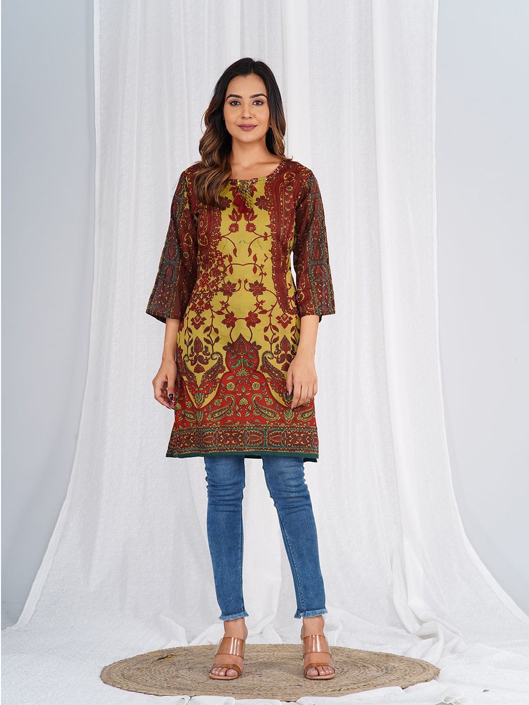 

KALINI Print Keyhole Neck Ethnic Cotton Top, Maroon