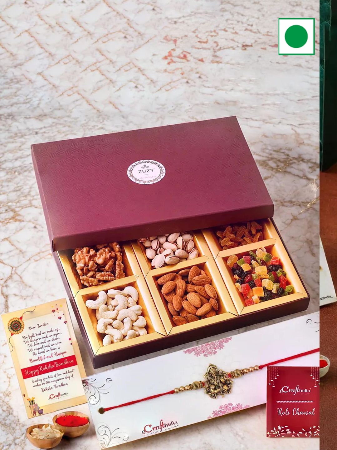 

eCraftIndia Beaded Rakhi with Dry Fruit Box And Roli Chawal, Green