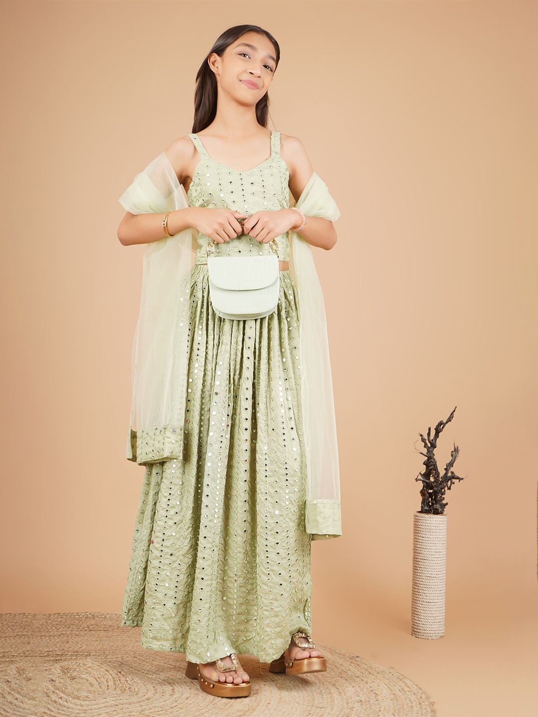 

Unique Designers Girls Sleeveless Mirror Work Ready to Wear Lehenga & Blouse With Dupatta, Olive