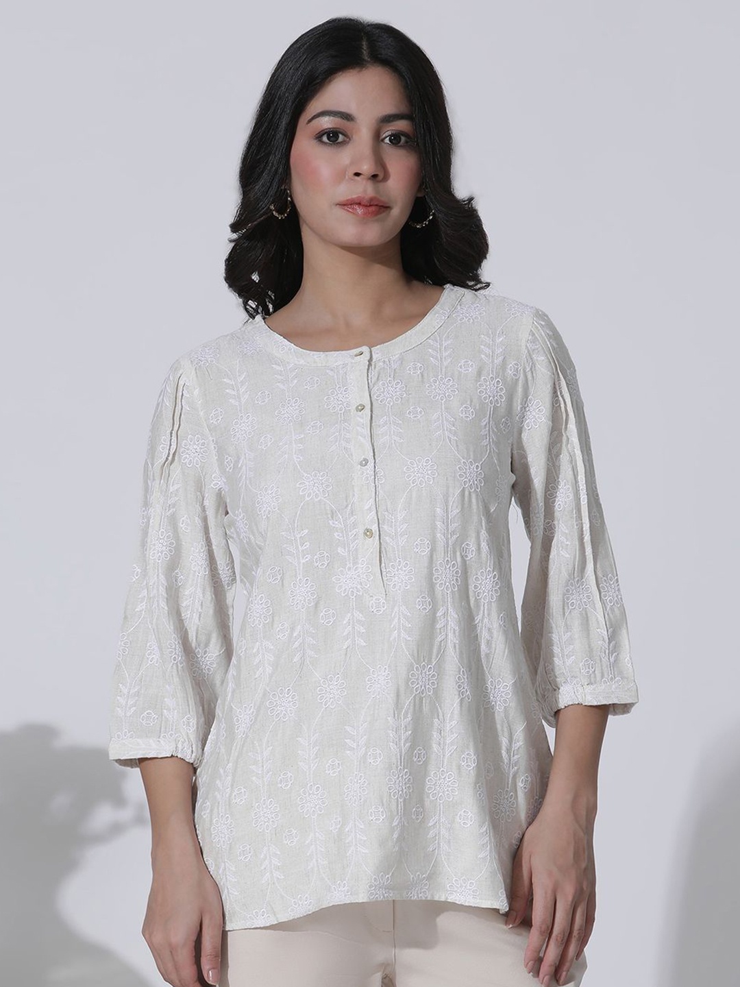 

W Floral Print Top, White