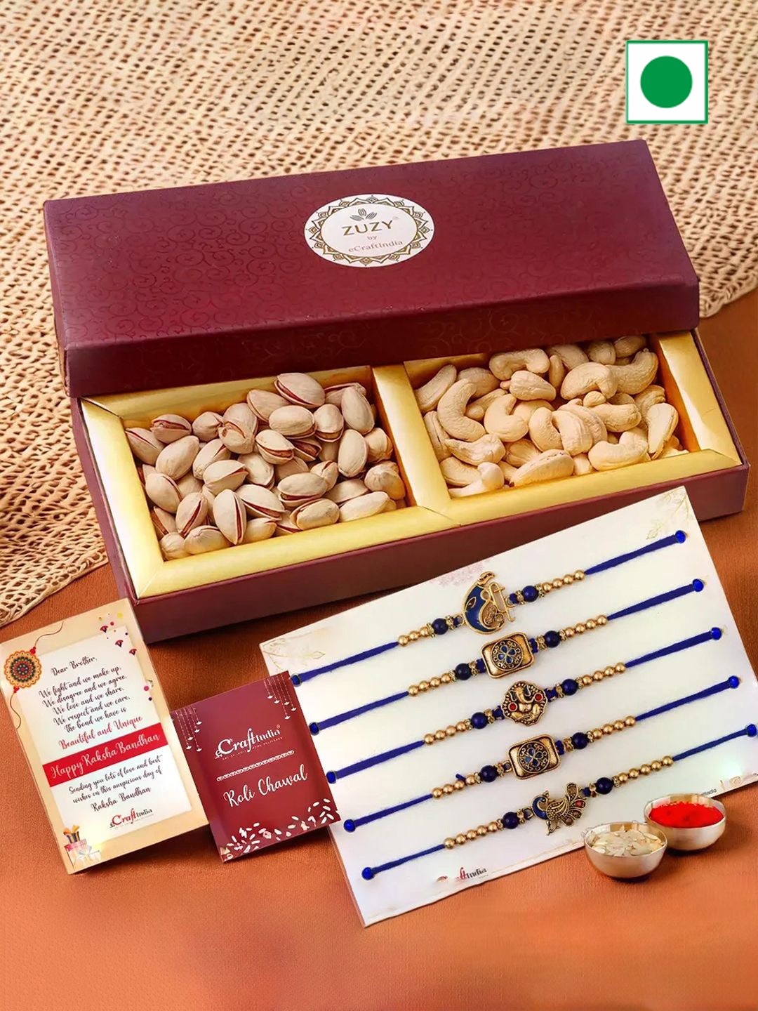 

eCraftIndia Set of 5 Beaded Rakhis with Dry Fruit Box And Roli Chawal, Blue