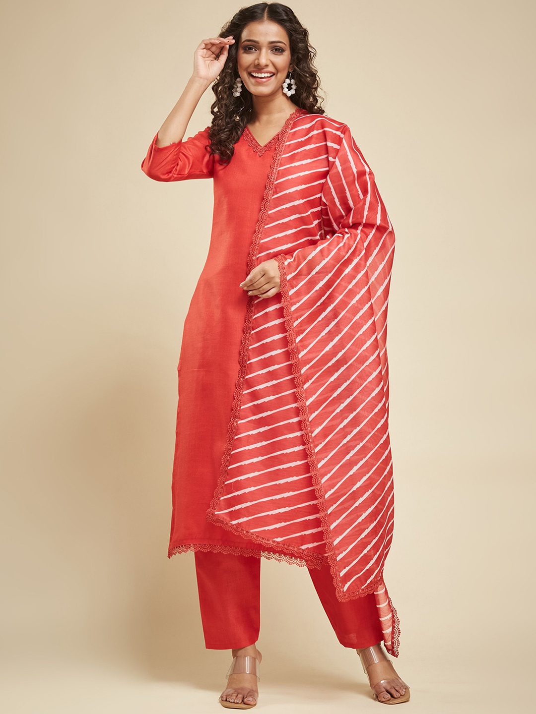 

KALINI V-Neck Kurta with Trousers & With Dupatta, Red