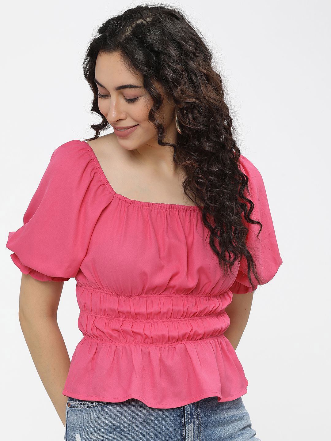 

Tokyo Talkies Puff Sleeve Cinched Waist Top, Pink