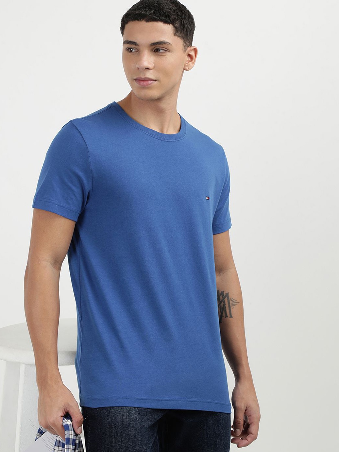 

Tommy Hilfiger Men Solid Round Neck Cotton Slim Fit Tshirt, Blue