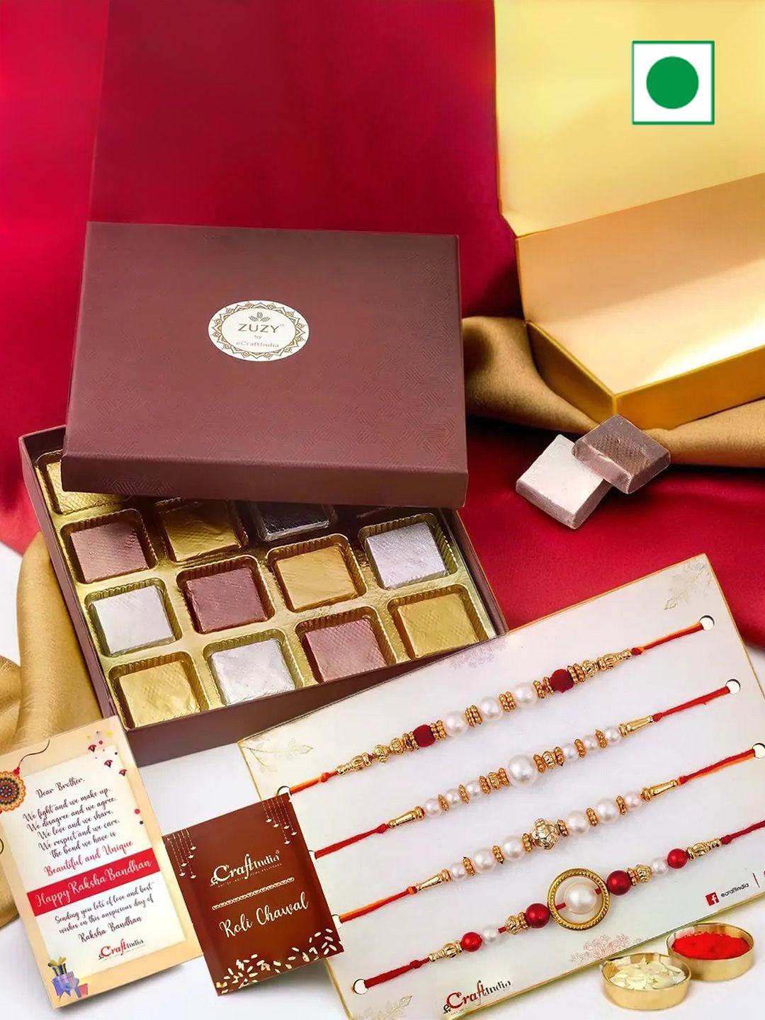 

eCraftIndia Set Of 4 Rakhis With Chocolate Gift Box And Roli Chawal, Gold