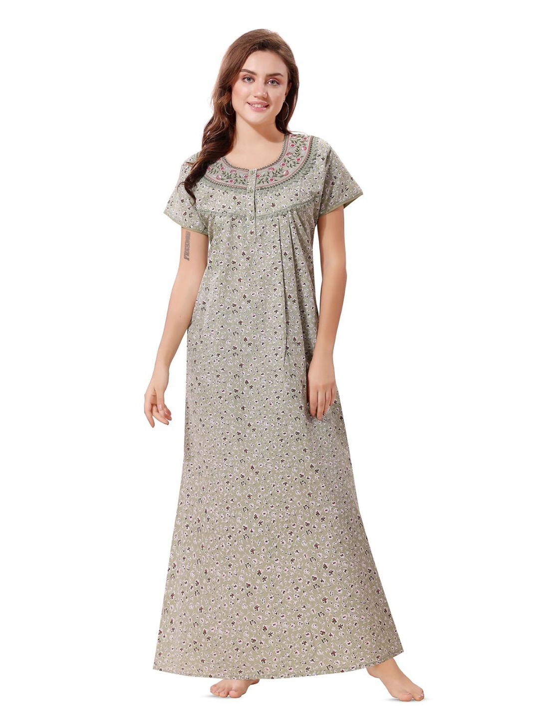 

Soulemo Printed Pure Cotton Short Sleeves Maxi Nightdress, Green