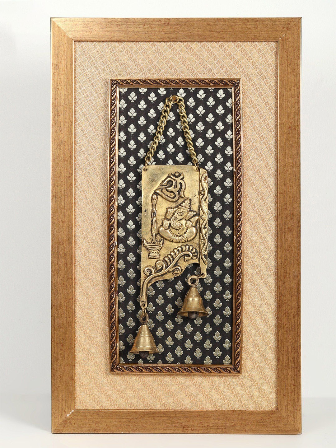 

Exotic India Gold Toned & Brown Textured Ganesha With Wooden Framed Wall Decor