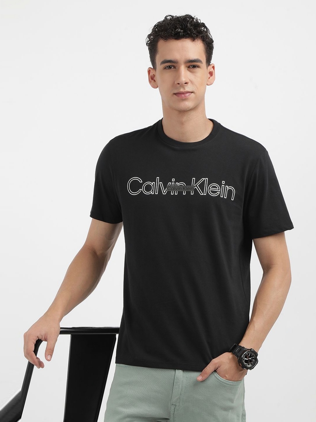 

Calvin Klein Jeans Men Typography Printed Round Neck Cotton T-shirt, Black