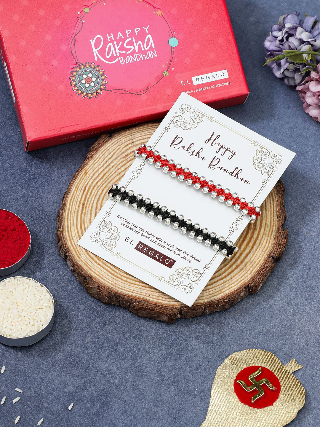 

EL REGALO Set of 2 Beaded Thread Rakhis, Red