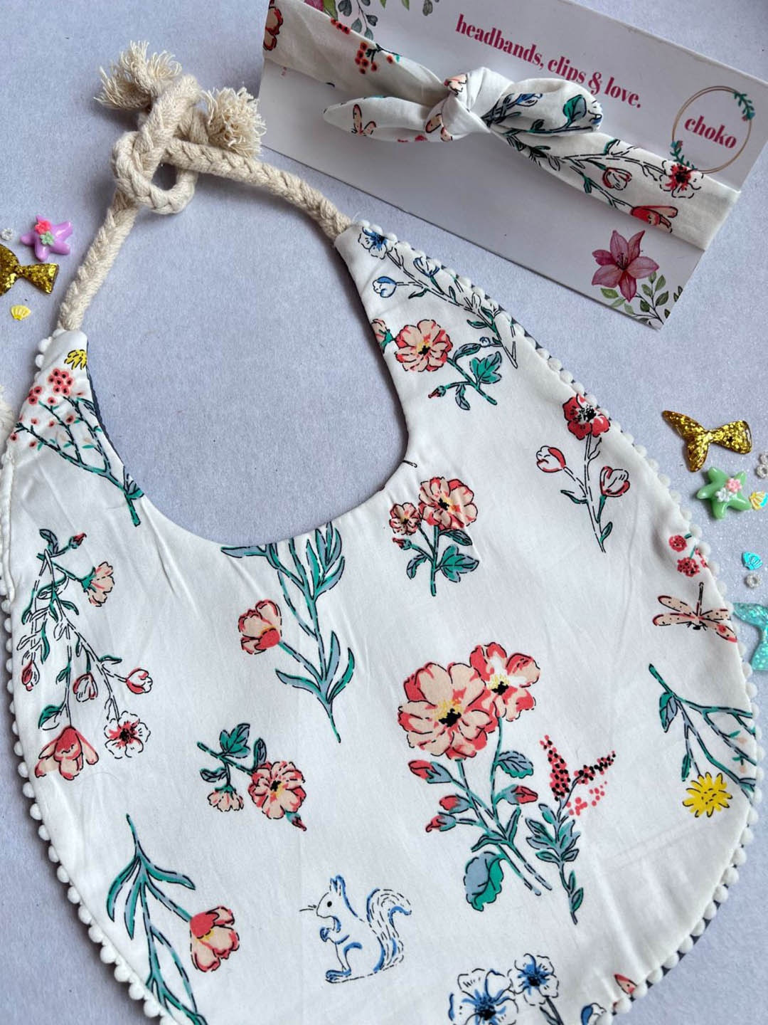 

Choko Girls Floral Printed Waterproof Bib & Headband Set, White