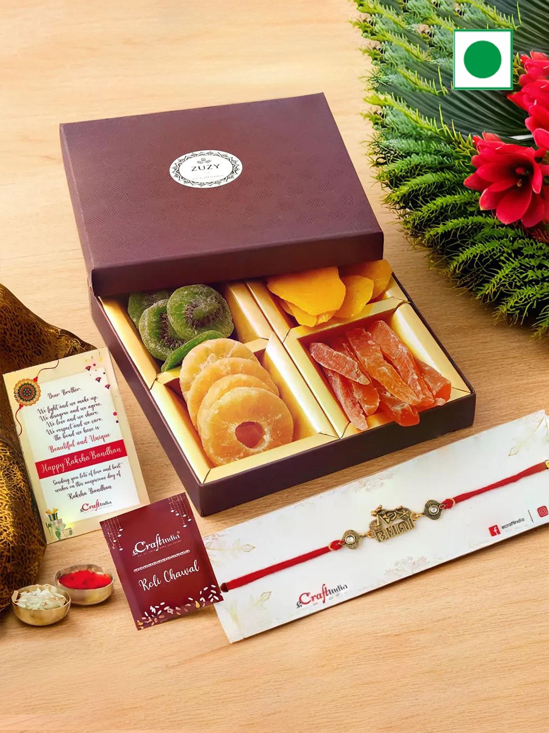 

eCraftIndia Beaded Rakhis with Dried Fruit Box And Roli Chawal, Gold