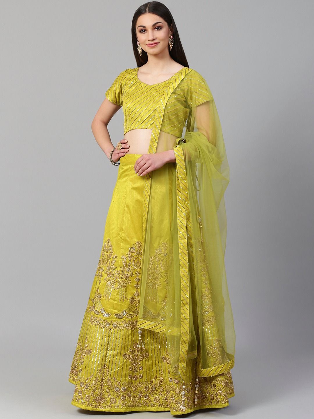 

FABPIXEL Sequin Embroidered Semi-Stitched Lehenga & Unstitched Blouse With Dupatta, Lime green