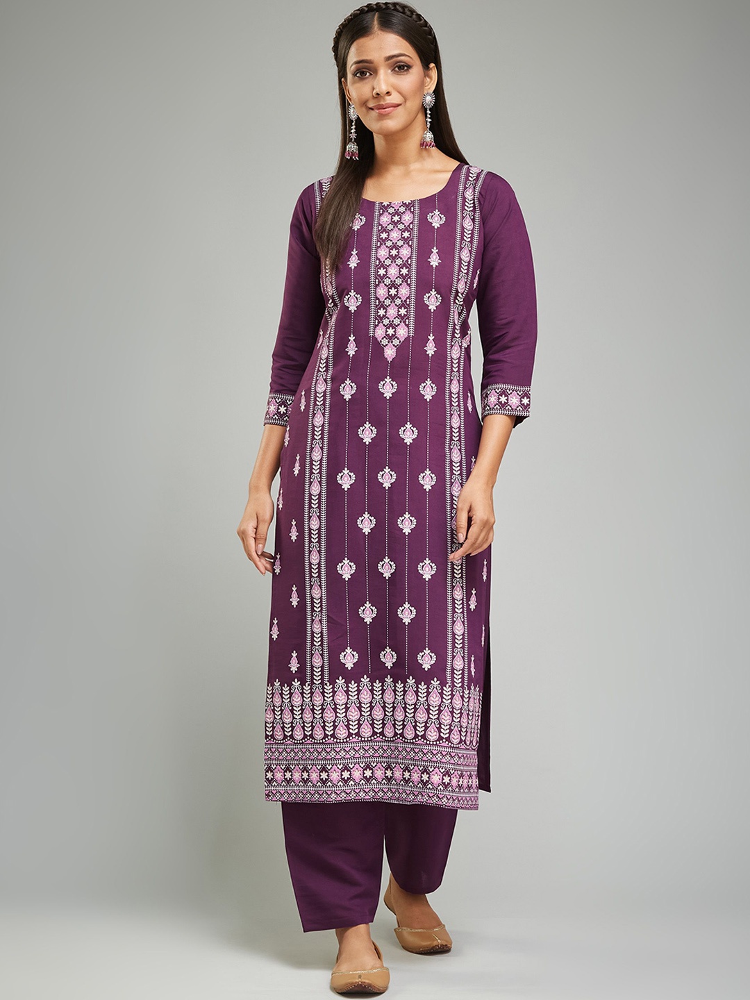

KALINI Floral Printed Round Neck Chanderi Silk Straight Kurta With Trousers, Magenta