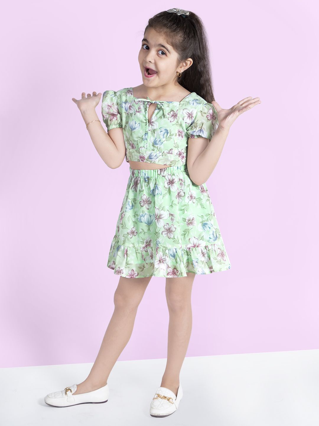 

Naughty Ninos Girls Floral Printed Flutter Sleeve Fit & Flare Dress, Sea green