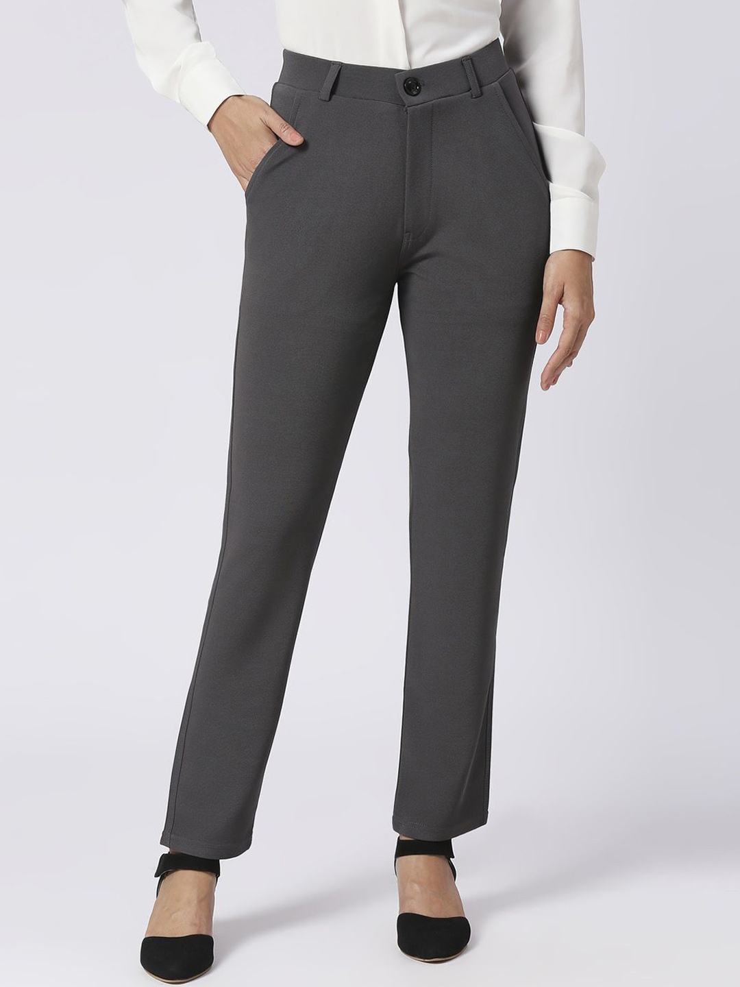 

FITHUB Women Regular Fit High-Rise Cotton Flat-Front Trousers, Grey