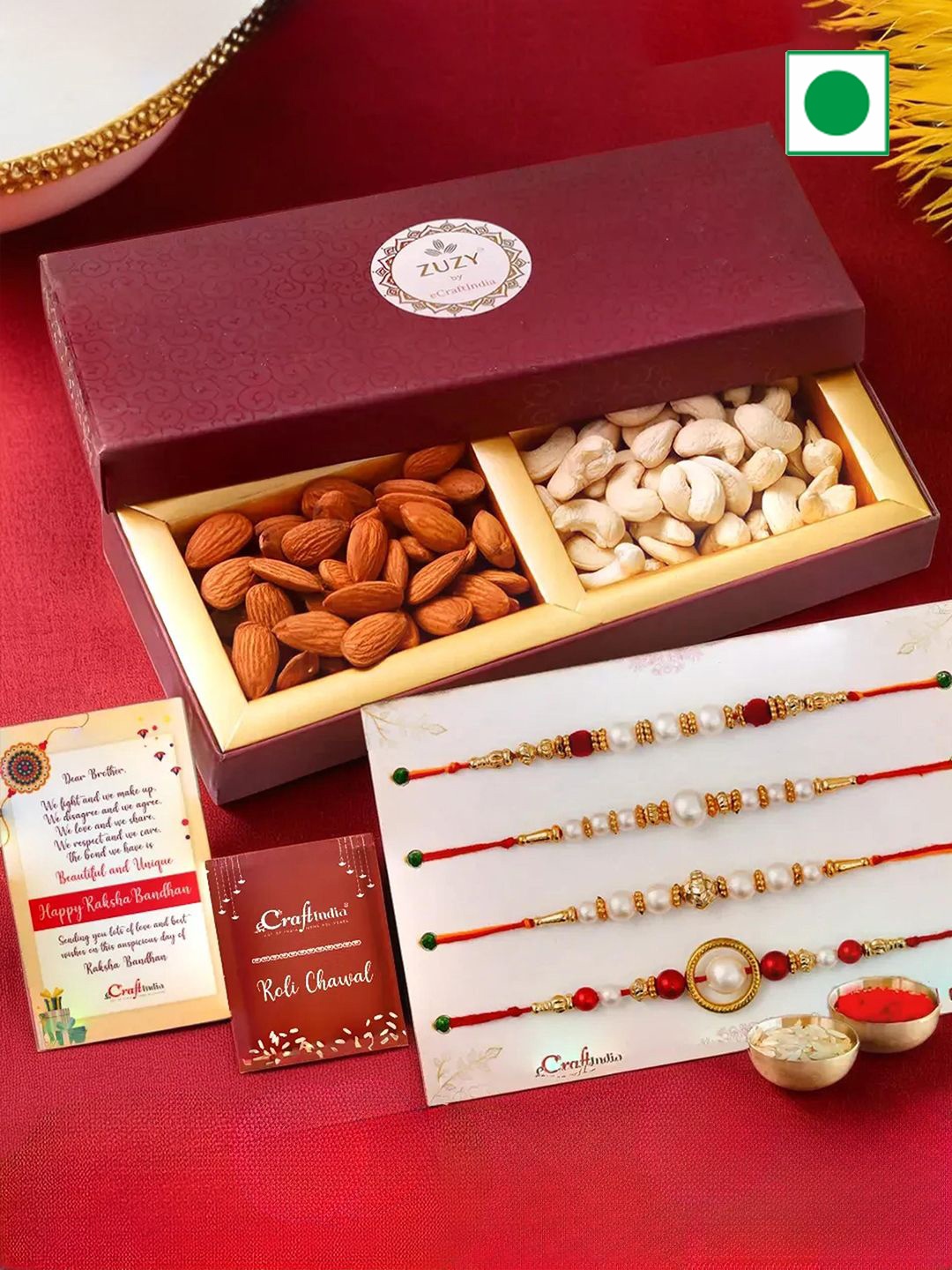 

eCraftIndia Set of 4 Beaded Rakhis with Dried Fruit Box And Roli Chawal, Gold