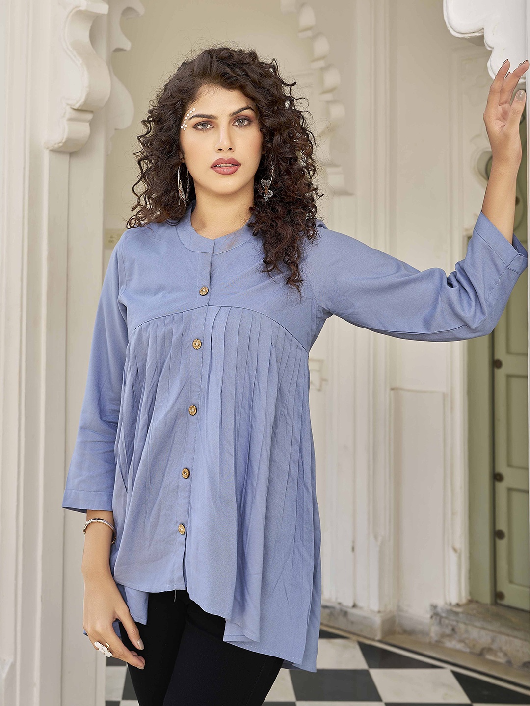 

PEACH PIPER Mandarin Collar Tunic, Blue