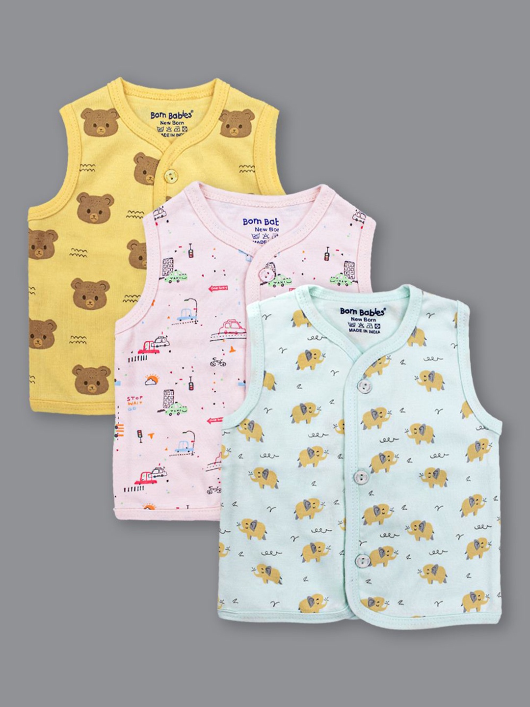 

Born Babies Infants Pack Of 3 Printed Pure Cotton Jablas - VLNP240282C1, Pink