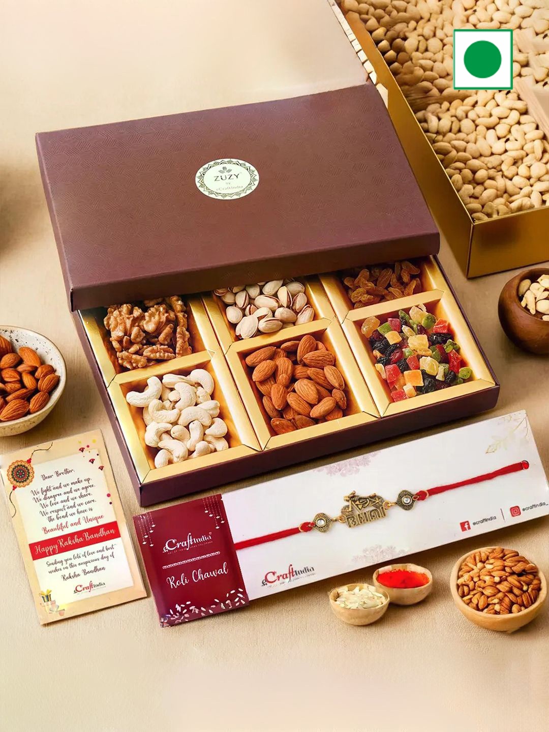 

eCraftIndia Set of 2 BHAI Thread Rakhi With Zuzy Dry Fruit Bo & Roli Chawal, Gold