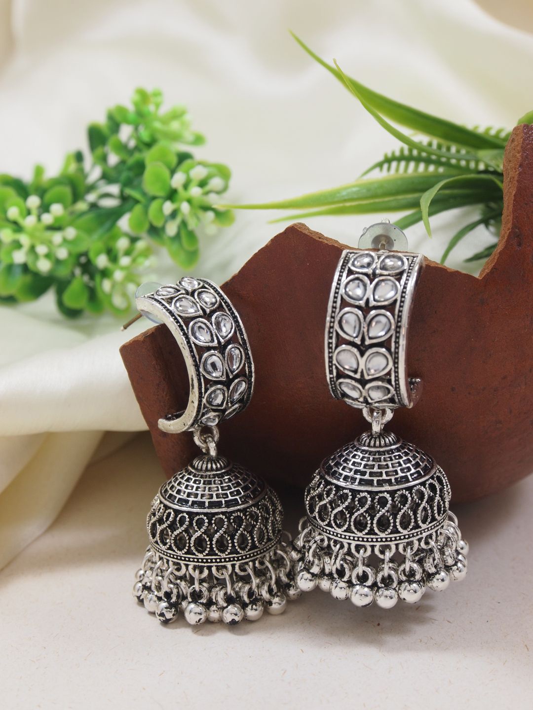 

I Jewels Silver-Plated Contemporary Oxidised Jhumkas