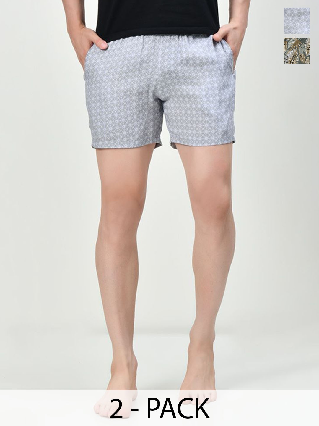 

BAESD Men Pack of 2 Printed Pure Cotton High-Rise Shorts, Grey