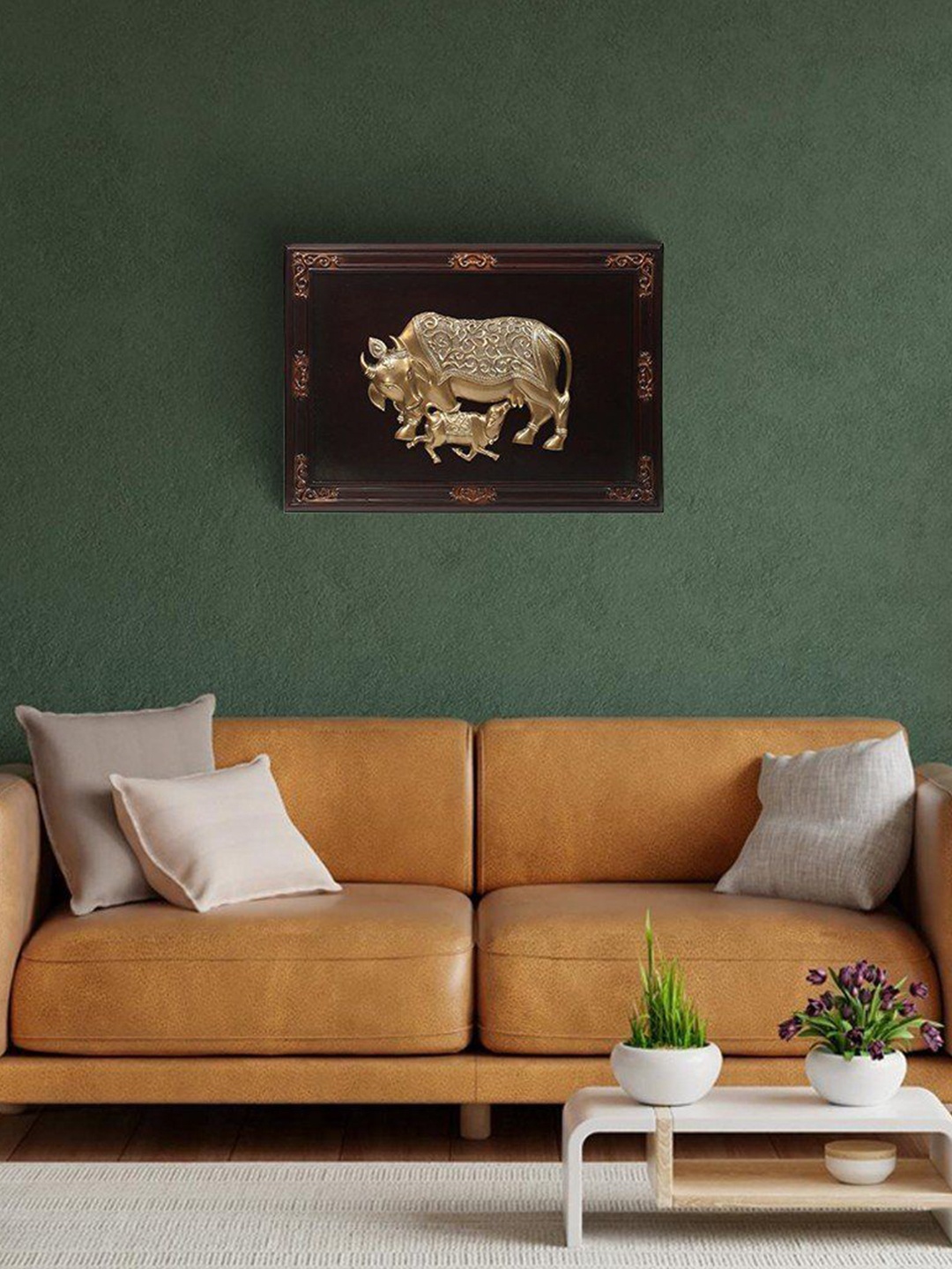 

Exotic India 34" Large Wooden Framed Brass Cow and Calf Wall Hanging, Gold