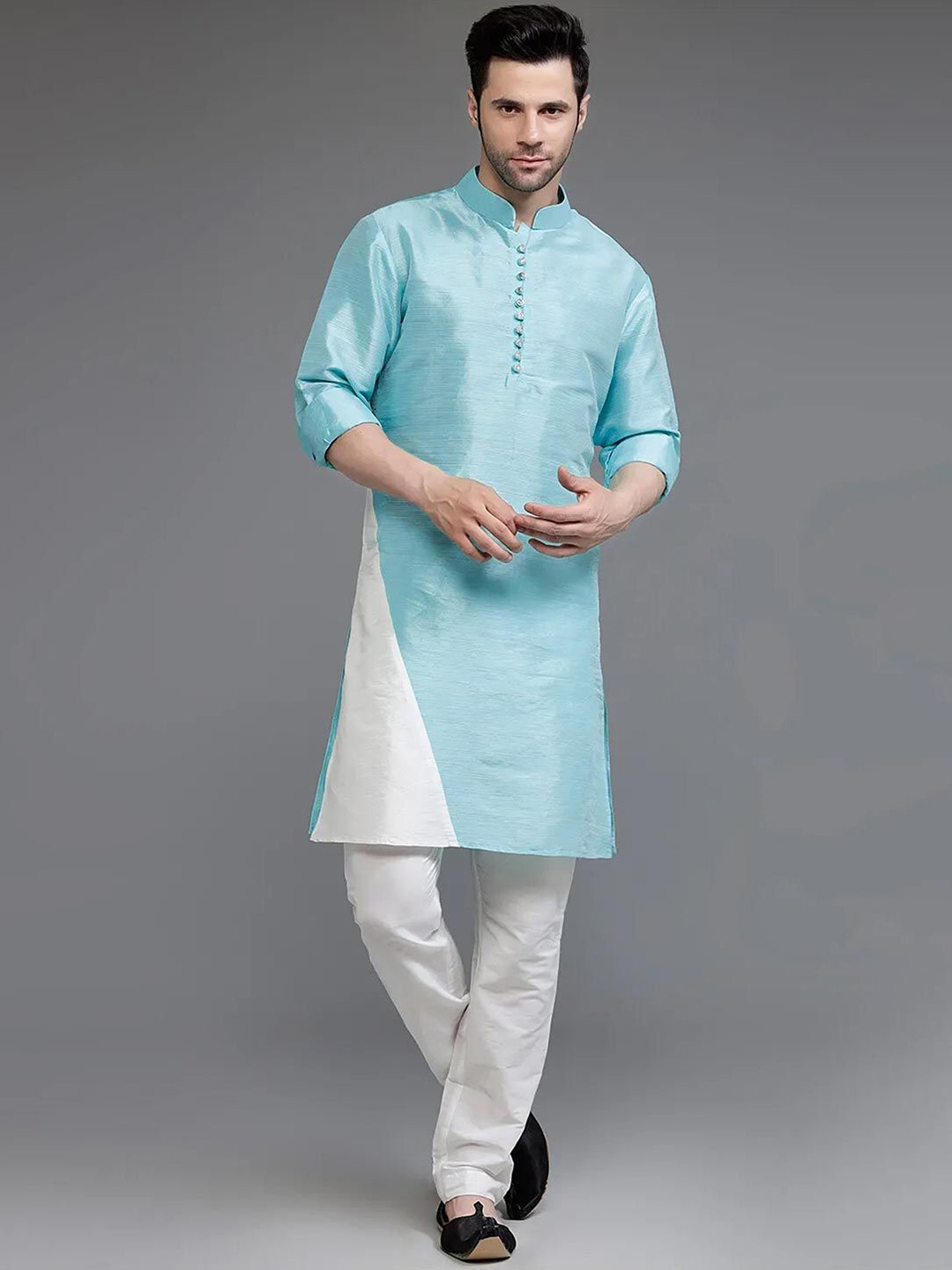 

Utsav Fashion Colourblocked Mandarin Collar Dupion Silk Straight Kurta With Trousers, Blue