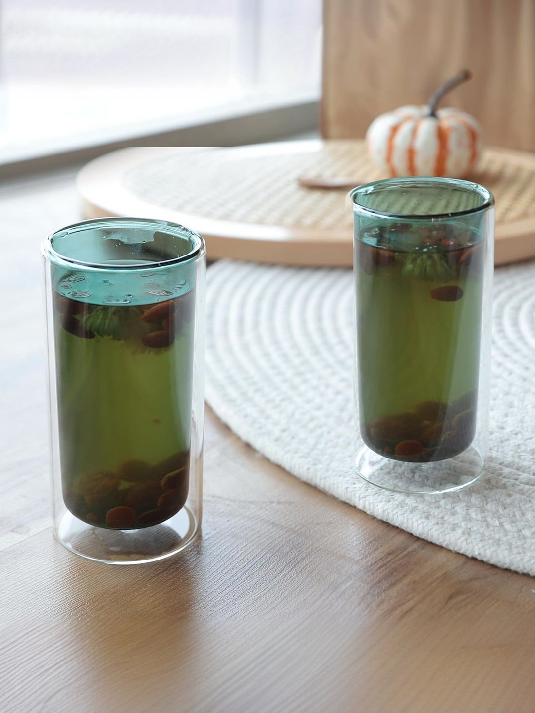 

Kuber Industries Green 2 Pcs Borosilicate Microwave Safe Water Glass 250 ml