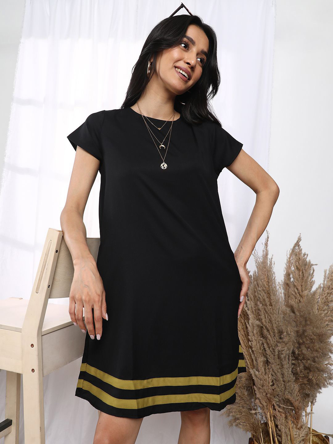 

PINACOLADA Short Sleeves A-Line Dress, Black