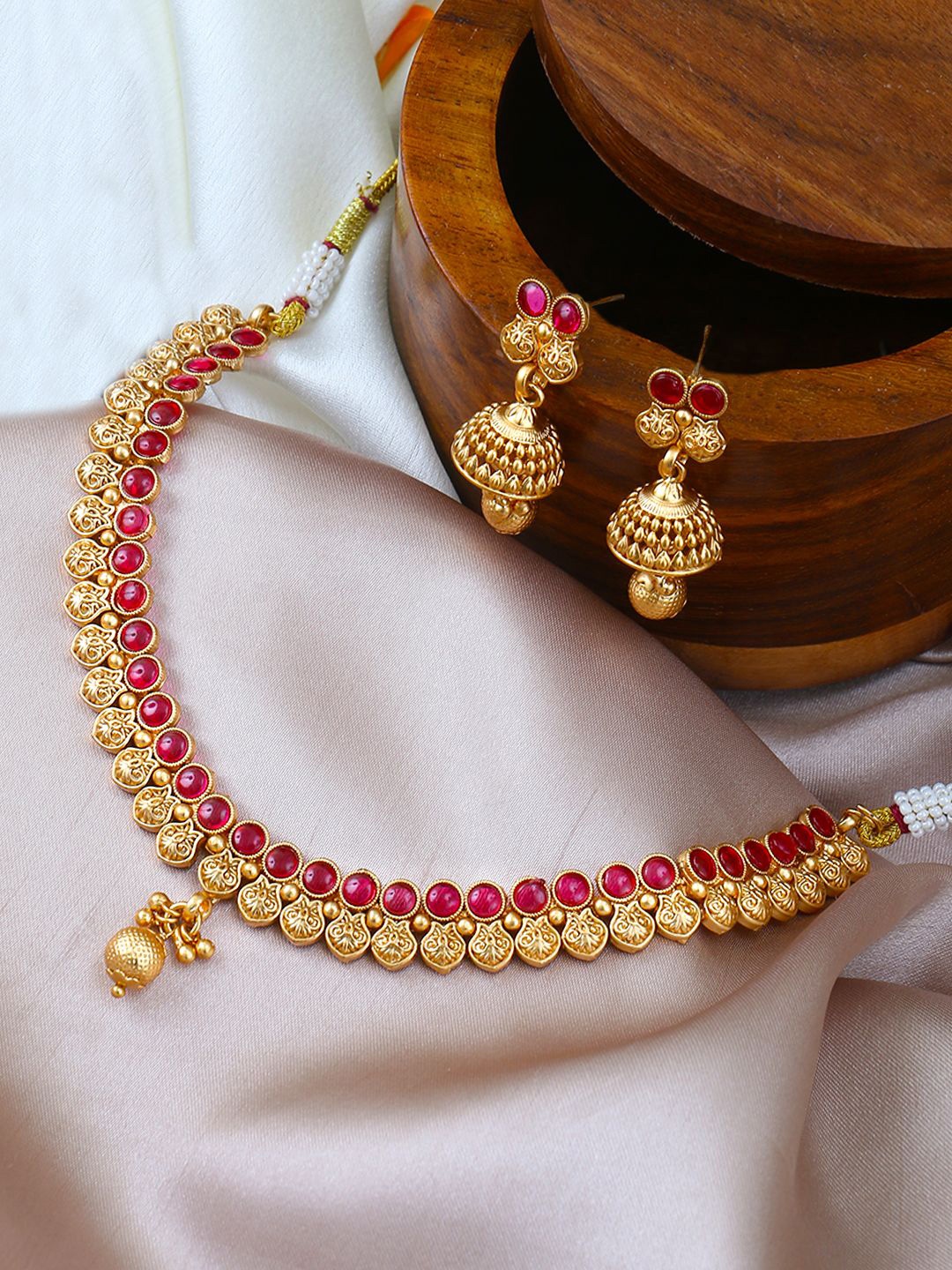 

Adwitiya Collection Gold-Plated Stone Studded & Beaded Necklace and Earrings