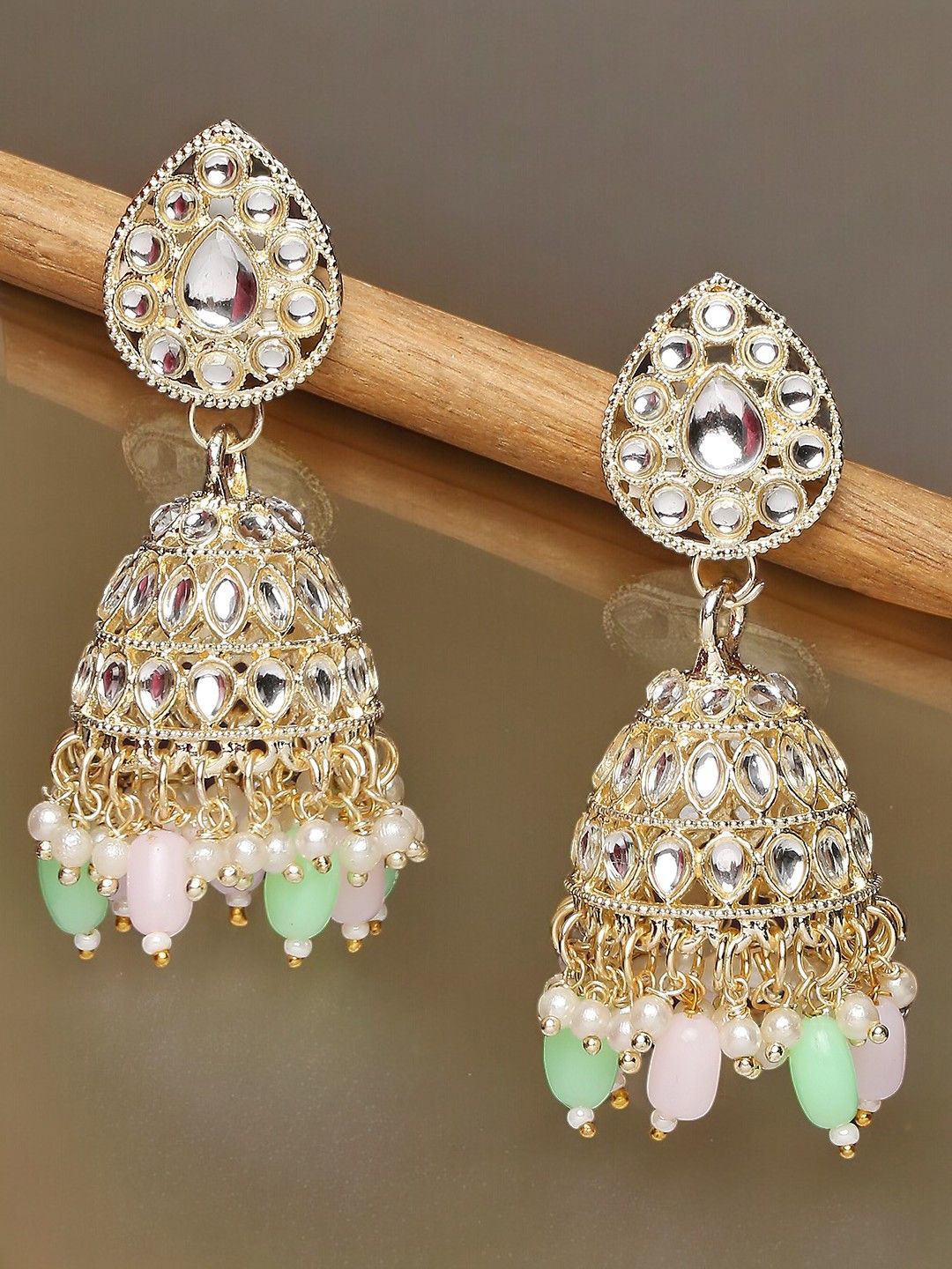

Anouk Gold-Toned Kundan Studded & Pearl Beaded Jhumkas