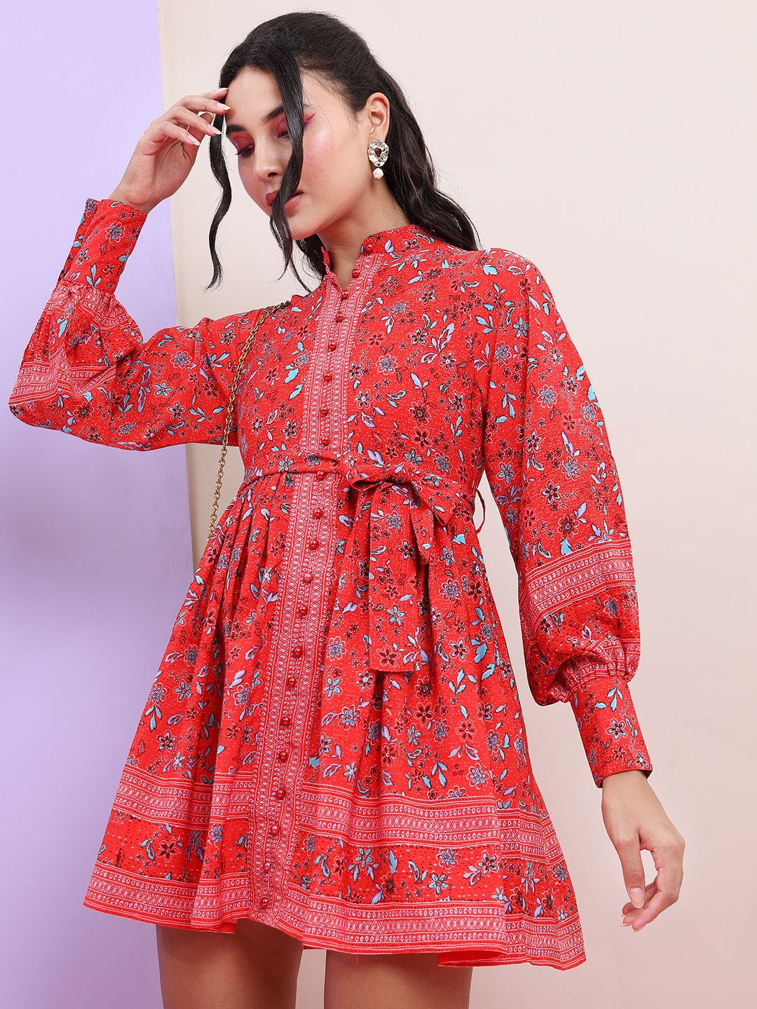 

Tokyo Talkies Floral Printed Cuffed Sleeves Fit & Flare Dress, Red