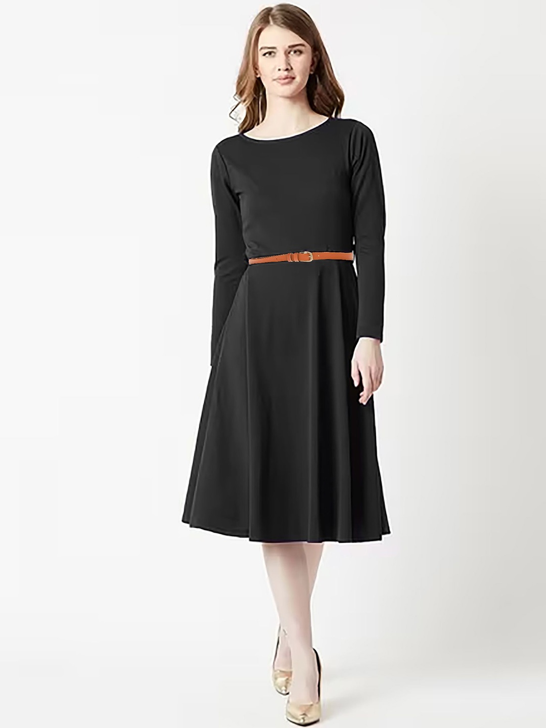 

Dream Beauty Fashion Round Neck Long Sleeves A-Line Midi Dress, Black