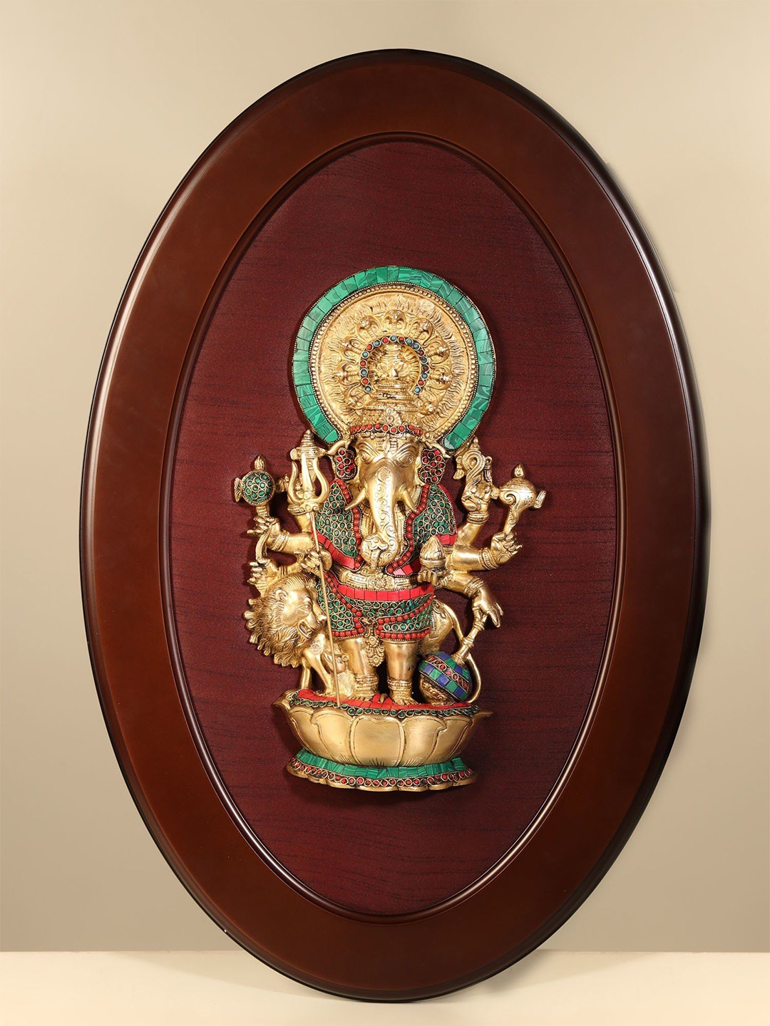 

Exotic India Wood Framed Drishti Ganesha Wall Hanging with Brass Inlay Work, Gold