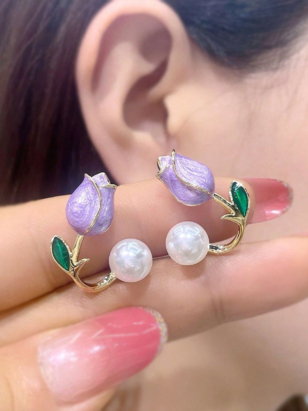 

KRENOZ Stainless Steel Pearl Beaded Floral Studs, Gold