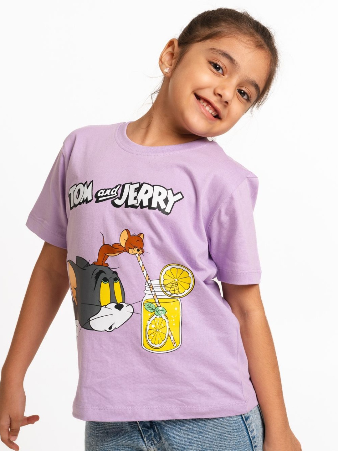 

Nap Chief Kids Unisex Tom & Jerry Printed Round Neck Cotton T-shirt, Lavender