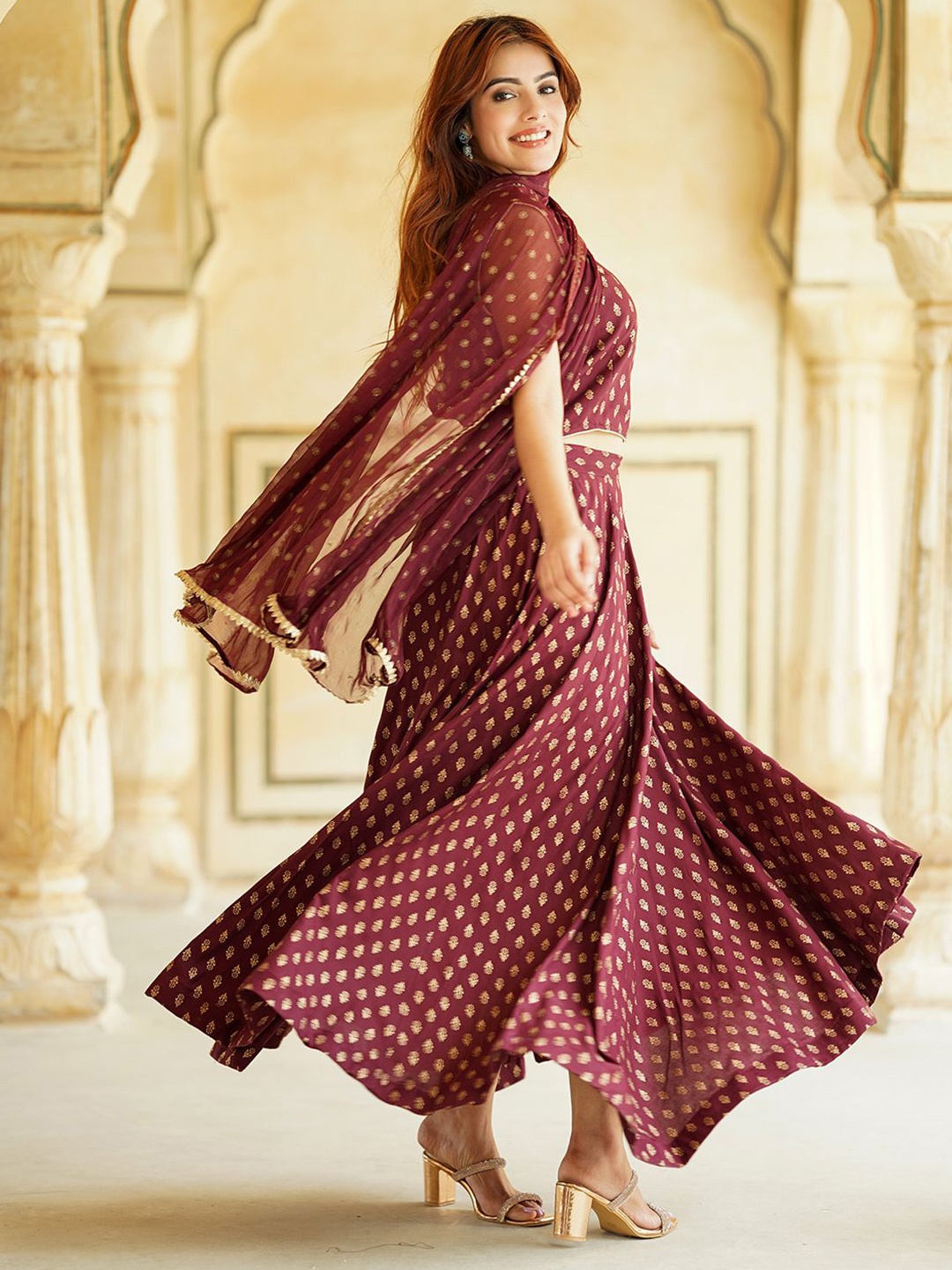 

KALINI Ethnic Motifs Printed Ready to Wear Lehenga & Blouse With Dupatta, Maroon