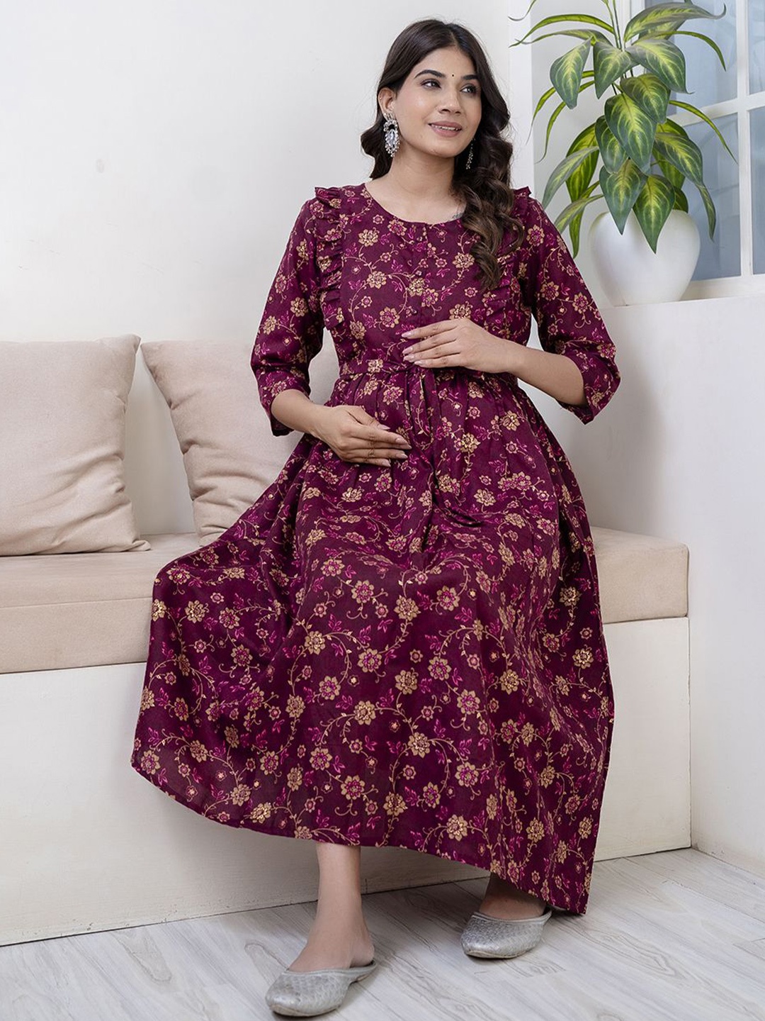 

Nayo Ethnic Motif Fit & Flare Midi Maternity Dress, Burgundy