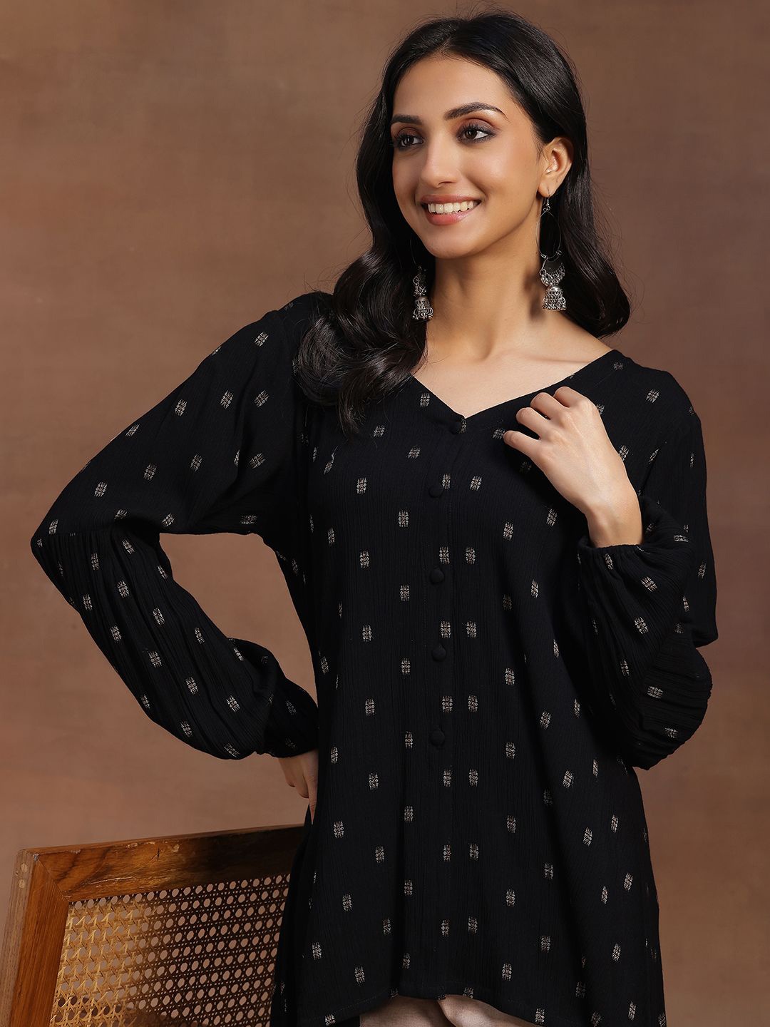 

Libas Ethnic Motifs Woven Design V-Neck Pure Cotton Panelled Kurti, Black