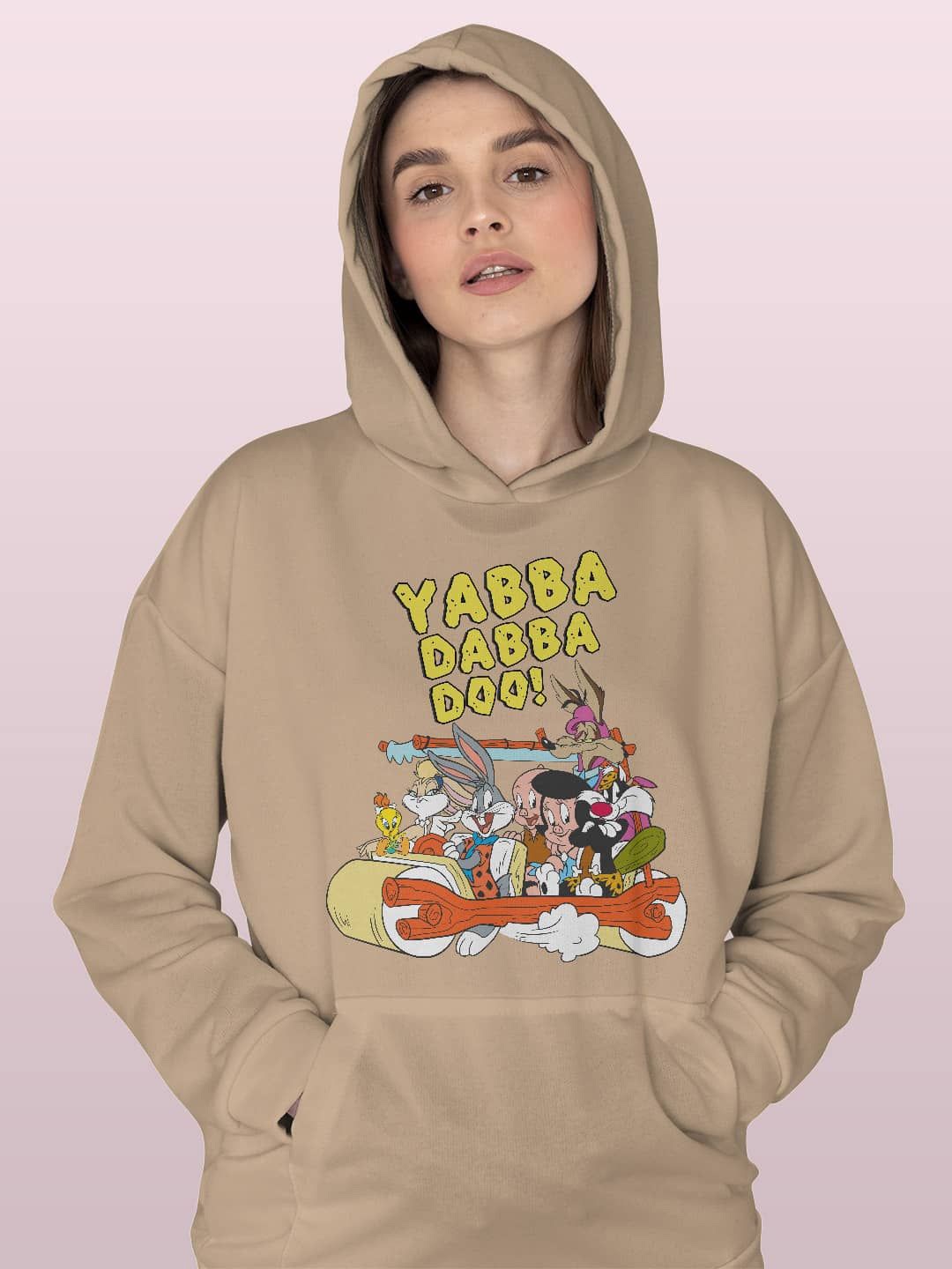 

macmerise Women Printed Hooded Sweatshirt, Beige
